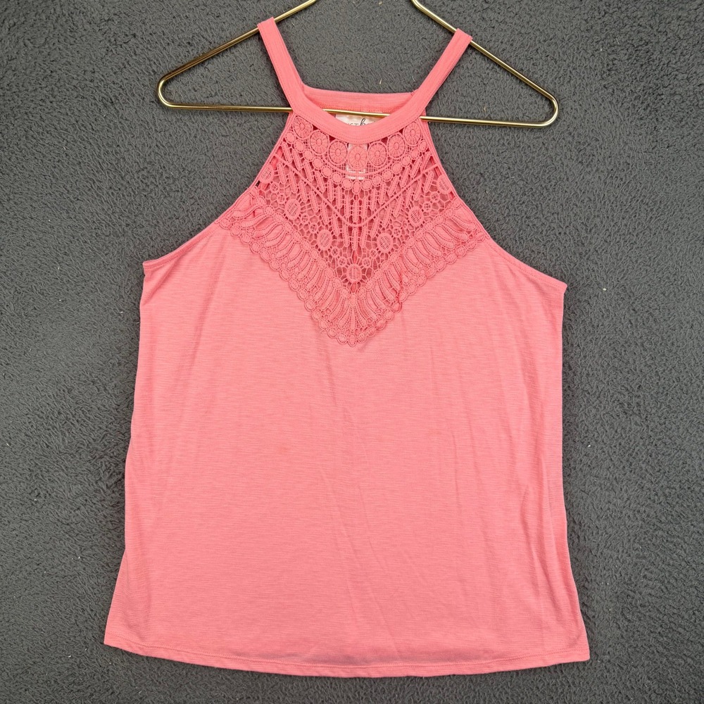 Just Be Women Pink Crochet Lace Halter Neck Tank Top Size M Medium Slub Knit